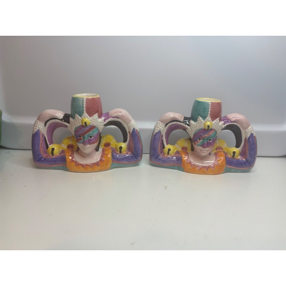 2 Handcrafted 1999 LOTUS Ceramic INC. Figurines mask flowers Candle Holders